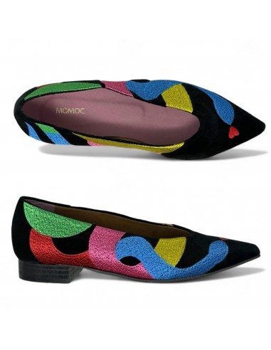 Soul of Colette Vegan Embroidered Eco Suede Ballerinas By Momoc In Black Multi-colored, Size: US 7/EU 38 de l' environnement